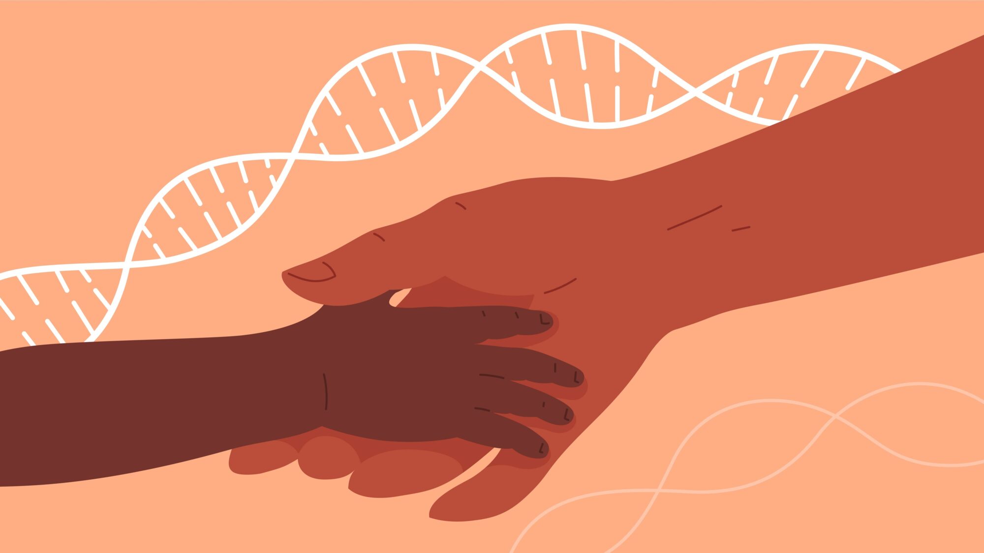 A parent&#039;s and a child&#039;s hands join. A DNA strand weaves above the two hands in the background.