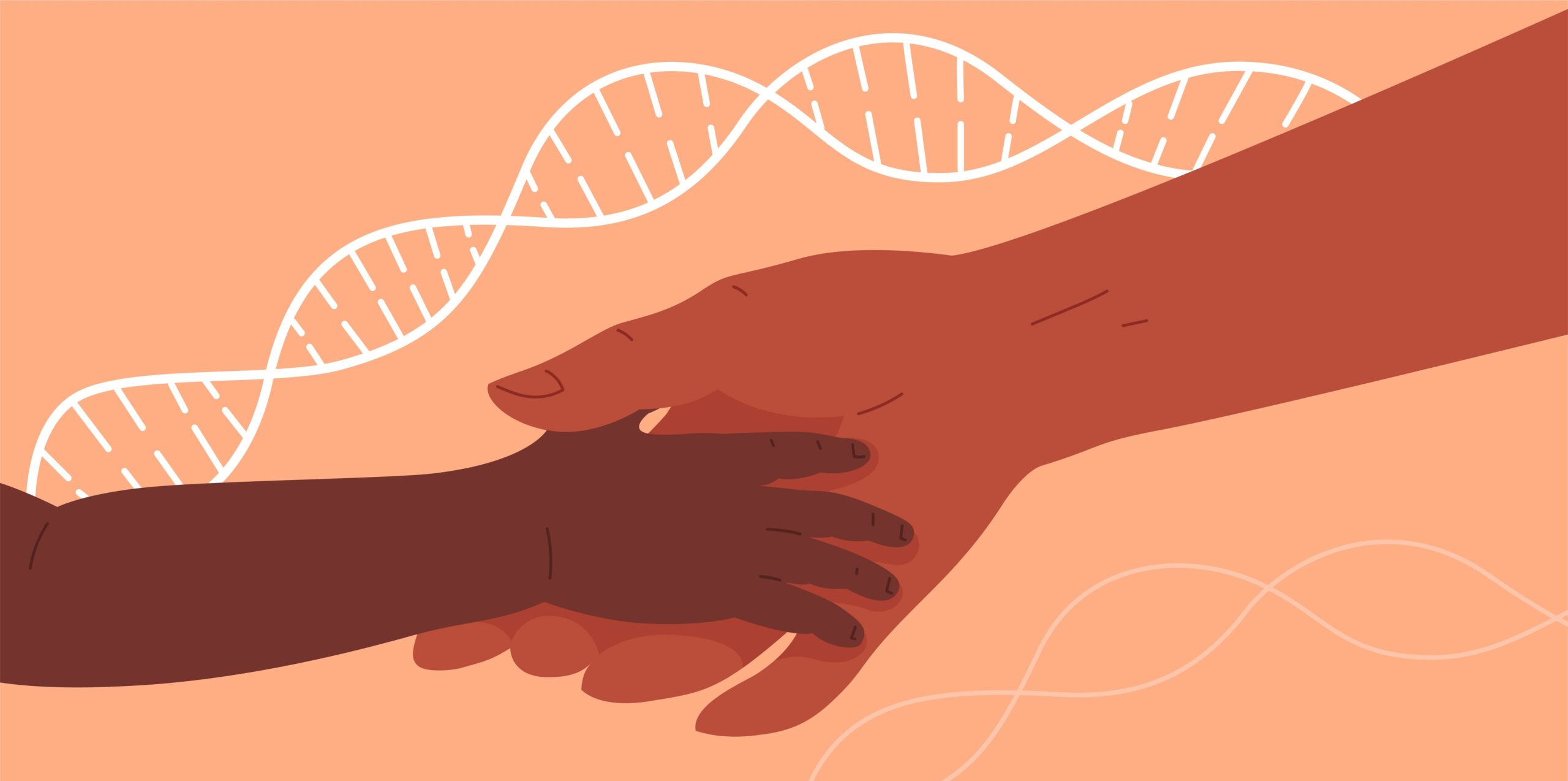 A parent's and a child's hands join. A DNA strand weaves above the two hands in the background.